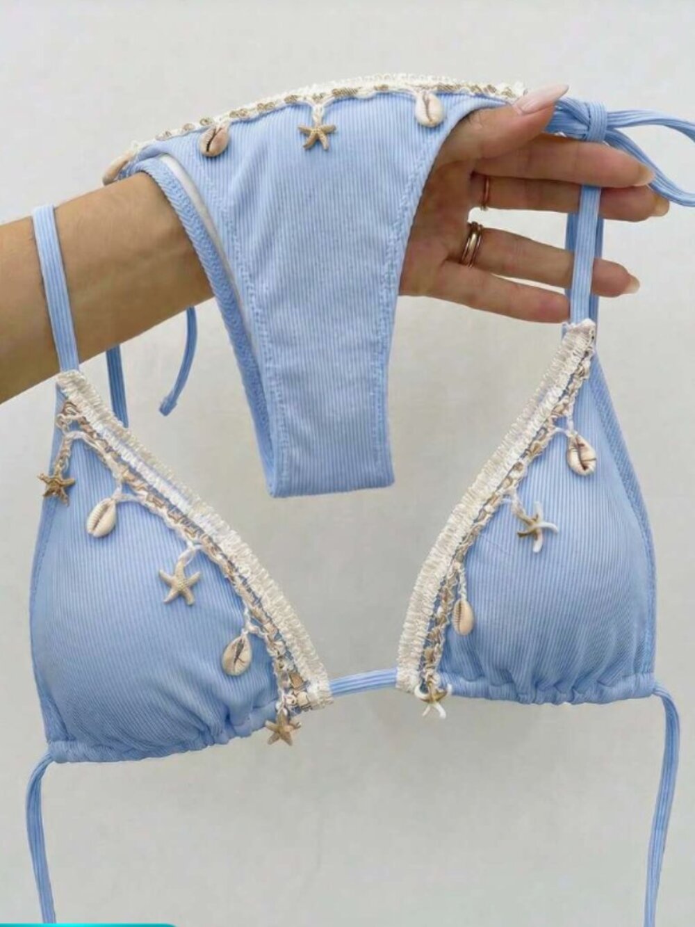 Women's Blue Shell Trim Triangle Bikini Set Lace Up Beach Swimwear Two Piece
